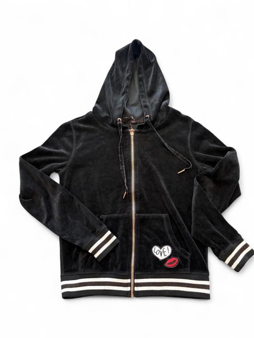 Betsey Johnson Black Velour Zip Hoodie with Love Heart & Lip Patch